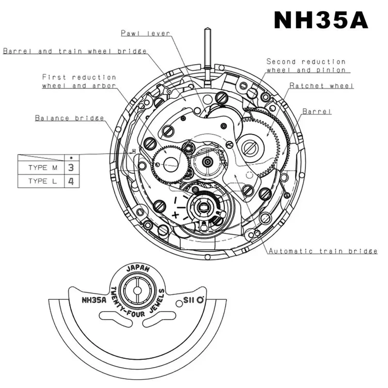 Mechanisches Uhrwerk NH35A aus Japan, weißes Datumsrad, 35 Steine, automatischer Selbstaufzug, hochpräzise Aufzugsspindel