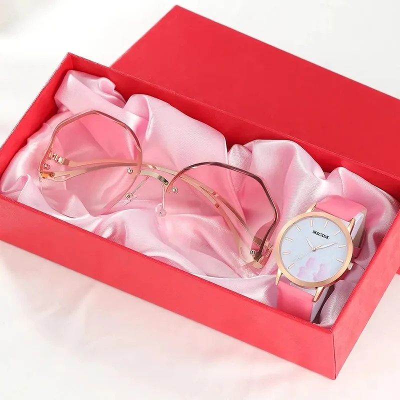 Frauen Rosa Uhr & Brille Set Mode Weibliche Casual Leder Gürtel Uhren Damen Quarz Armbanduhren Kleid Uhr Montre Femme