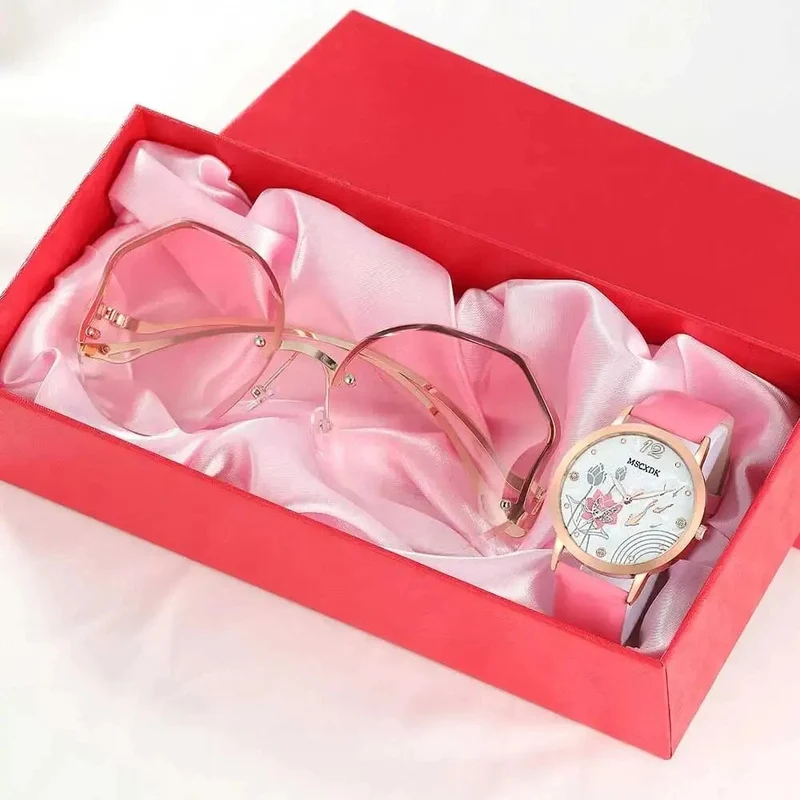 Frauen Rosa Uhr & Brille Set Mode Weibliche Casual Leder Gürtel Uhren Damen Quarz Armbanduhren Kleid Uhr Montre Femme