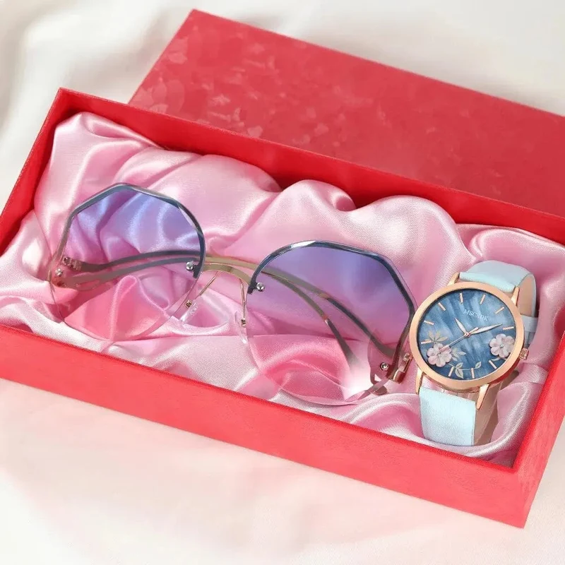 Frauen Rosa Uhr & Brille Set Mode Weibliche Casual Leder Gürtel Uhren Damen Quarz Armbanduhren Kleid Uhr Montre Femme