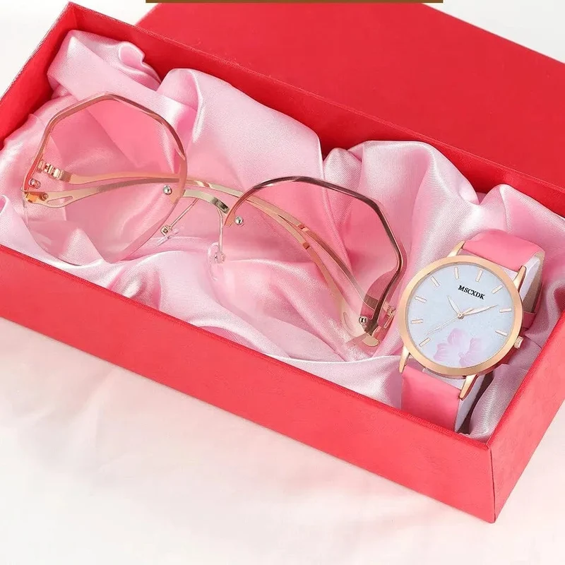 Frauen Rosa Uhr & Brille Set Mode Weibliche Casual Leder Gürtel Uhren Damen Quarz Armbanduhren Kleid Uhr Montre Femme