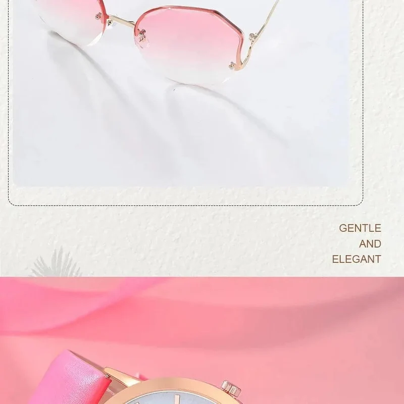 Frauen Rosa Uhr & Brille Set Mode Weibliche Casual Leder Gürtel Uhren Damen Quarz Armbanduhren Kleid Uhr Montre Femme