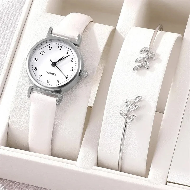 Luxus damen armband quarzuhr frauen uhr armband set weißes zifferblatt einfache leder luxus damen uhr