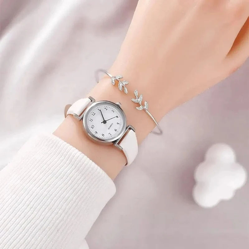 Luxus damen armband quarzuhr frauen uhr armband set weißes zifferblatt einfache leder luxus damen uhr