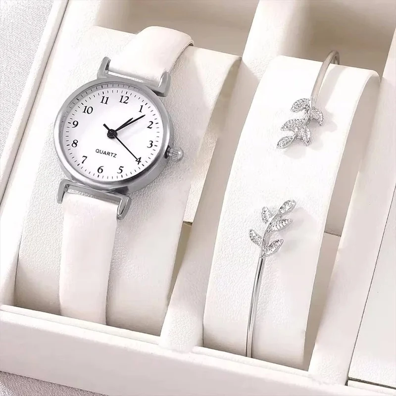 Luxus damen armband quarzuhr frauen uhr armband set weißes zifferblatt einfache leder luxus damen uhr