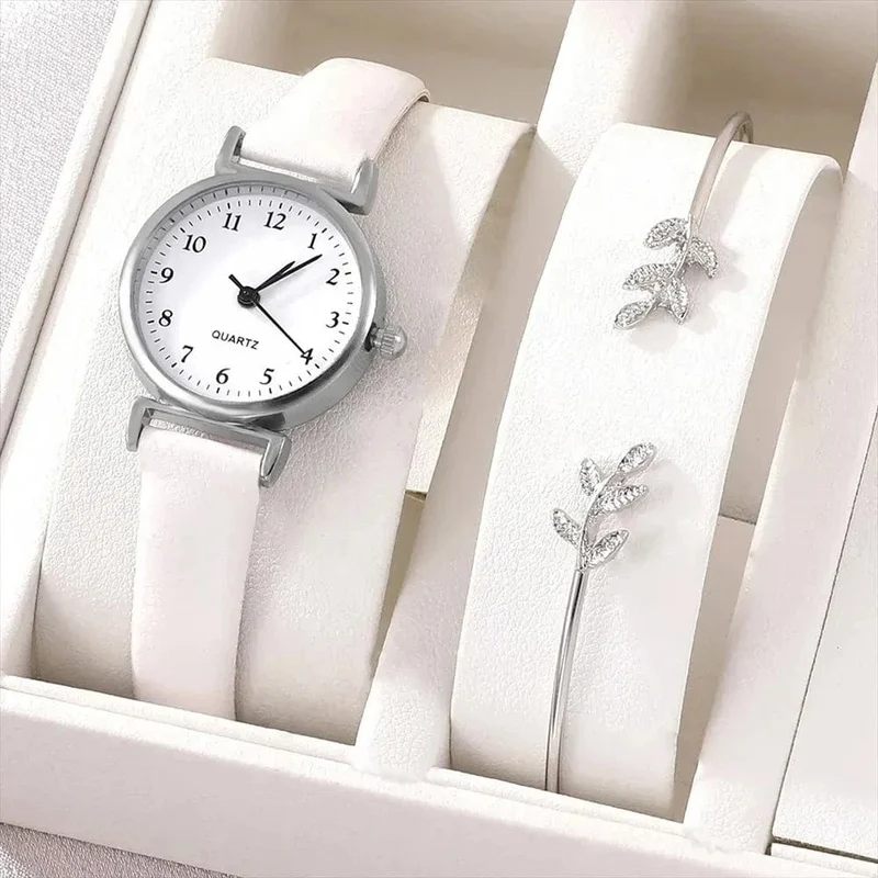 Luxus damen armband quarzuhr frauen uhr armband set weißes zifferblatt einfache leder luxus damen uhr