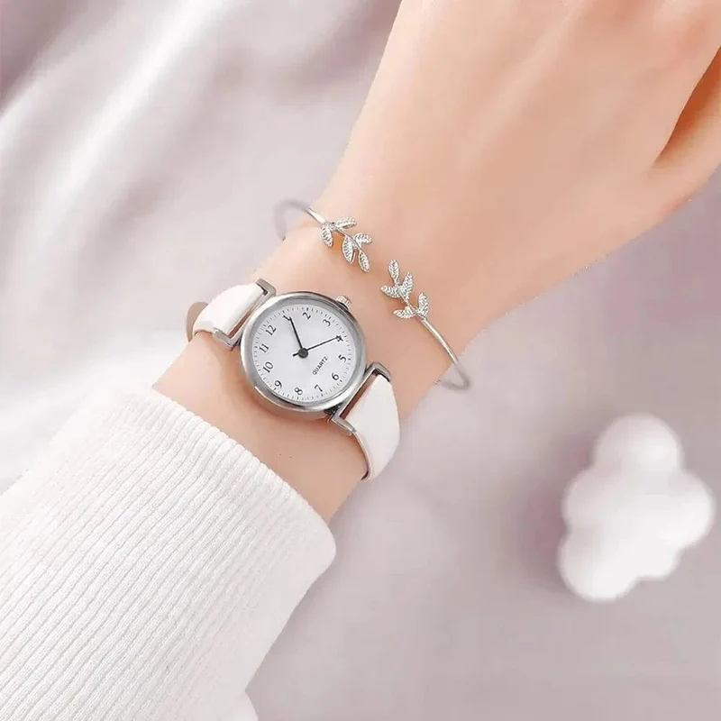 Luxus damen armband quarzuhr frauen uhr armband set weißes zifferblatt einfache leder luxus damen uhr