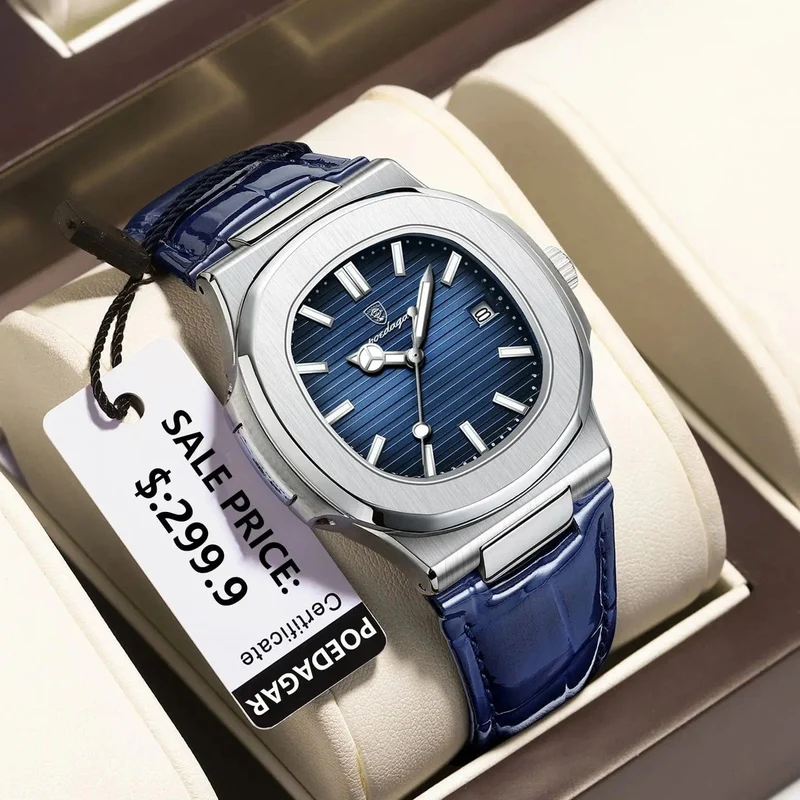 POEDAGAR Luxus-Armbanduhr für Herren, wasserdicht, leuchtend, Datum, Leder, Herrenuhr, Sport, quadratisch, Herrenuhr, lässig, Quarzuhr