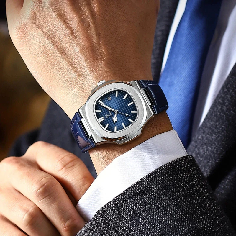 POEDAGAR Luxus-Armbanduhr für Herren, wasserdicht, leuchtend, Datum, Leder, Herrenuhr, Sport, quadratisch, Herrenuhr, lässig, Quarzuhr