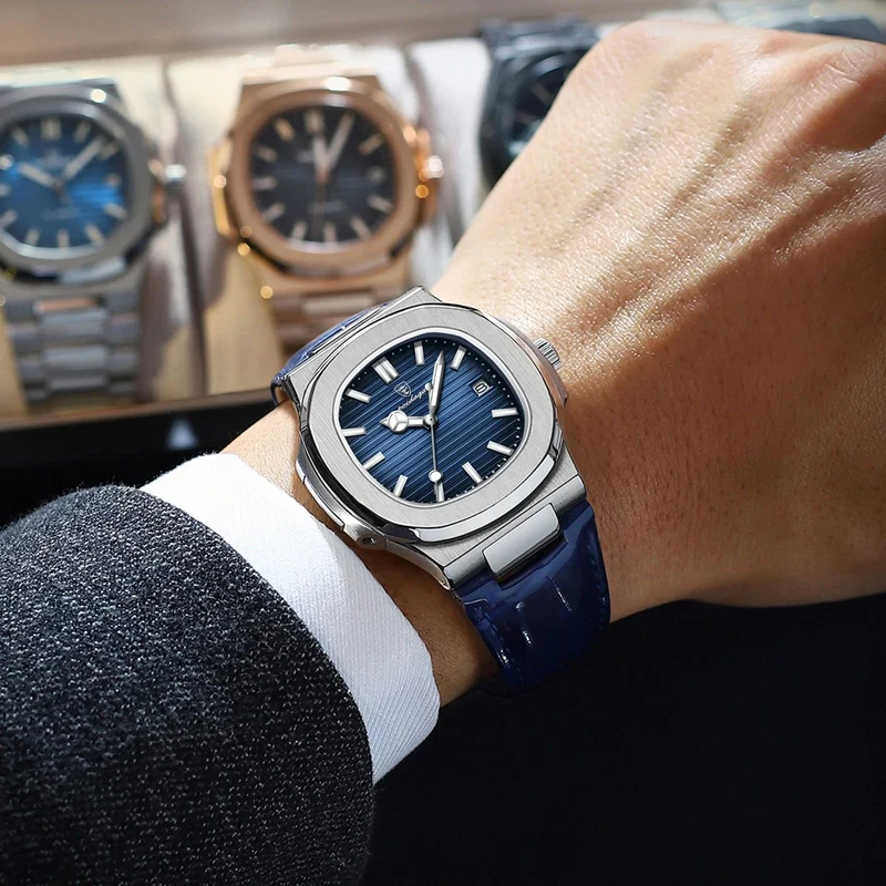 POEDAGAR Luxus-Armbanduhr für Herren, wasserdicht, leuchtend, Datum, Leder, Herrenuhr, Sport, quadratisch, Herrenuhr, lässig, Quarzuhr