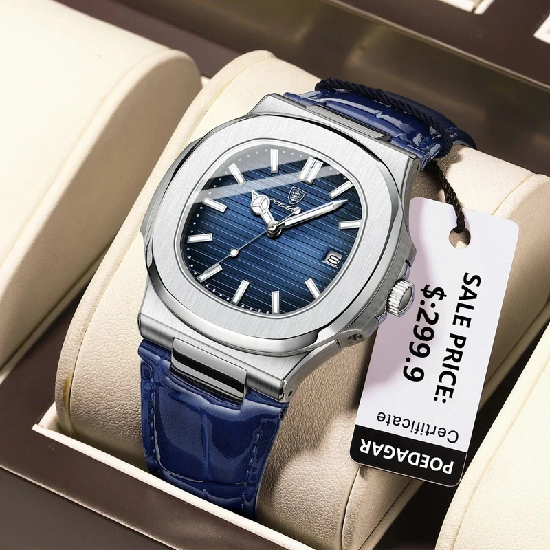 POEDAGAR Luxus-Armbanduhr für Herren, wasserdicht, leuchtend, Datum, Leder, Herrenuhr, Sport, quadratisch, Herrenuhr, lässig, Quarzuhr