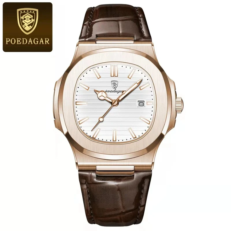 POEDAGAR Luxus-Armbanduhr für Herren, wasserdicht, leuchtend, Datum, Leder, Herrenuhr, Sport, quadratisch, Herrenuhr, lässig, Quarzuhr