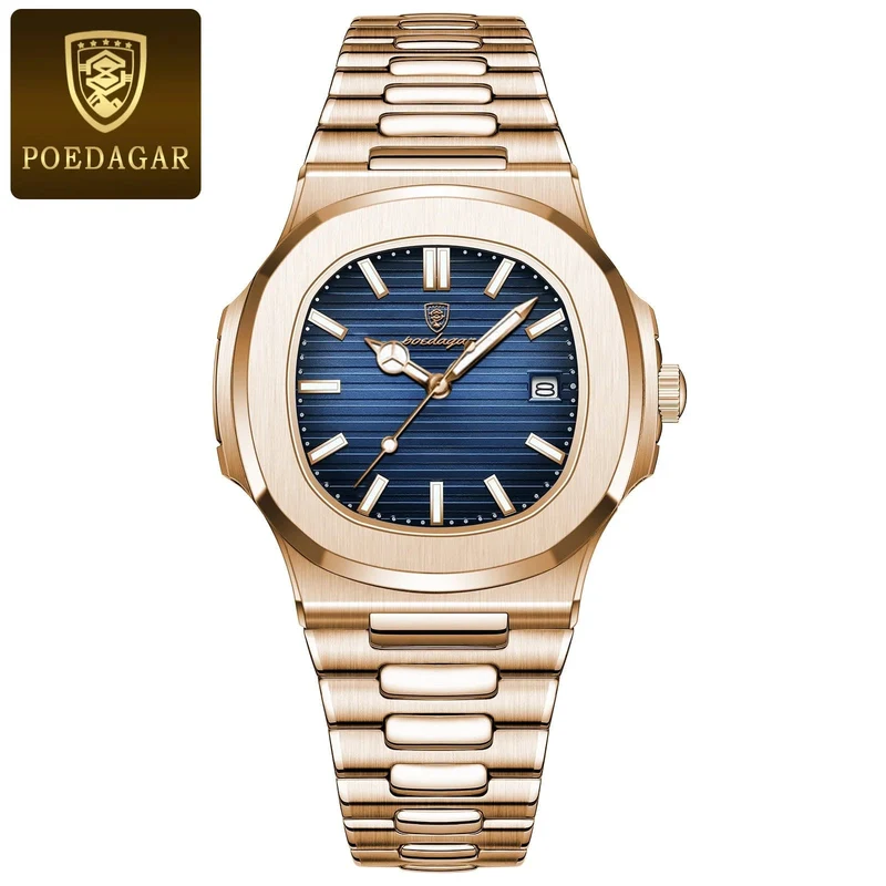 POEDAGAR Luxus-Armbanduhr für Herren, wasserdicht, leuchtend, Datum, Leder, Herrenuhr, Sport, quadratisch, Herrenuhr, lässig, Quarzuhr