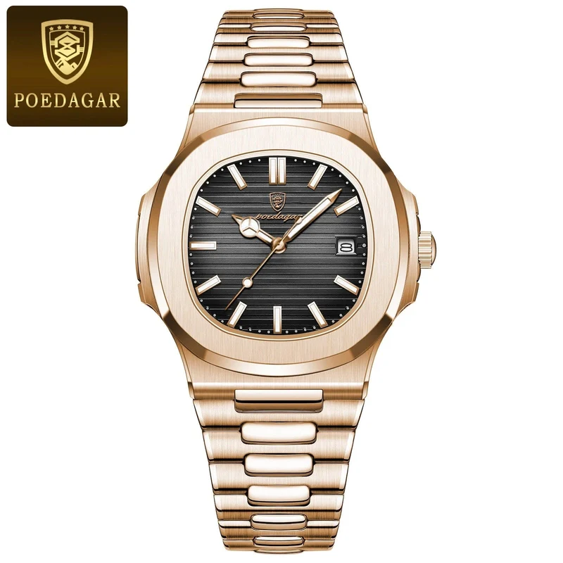 POEDAGAR Luxus-Armbanduhr für Herren, wasserdicht, leuchtend, Datum, Leder, Herrenuhr, Sport, quadratisch, Herrenuhr, lässig, Quarzuhr