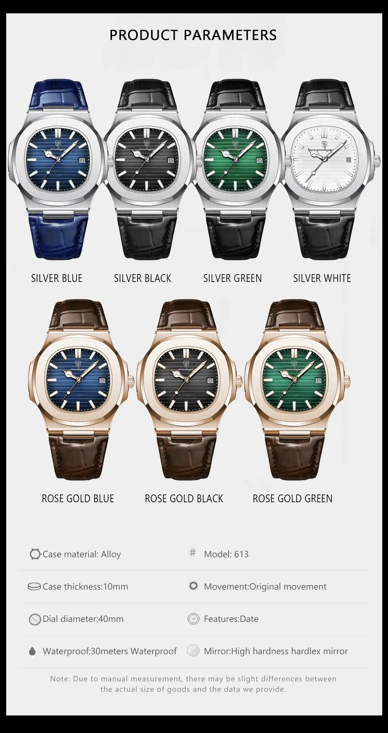 POEDAGAR Luxus-Armbanduhr für Herren, wasserdicht, leuchtend, Datum, Leder, Herrenuhr, Sport, quadratisch, Herrenuhr, lässig, Quarzuhr