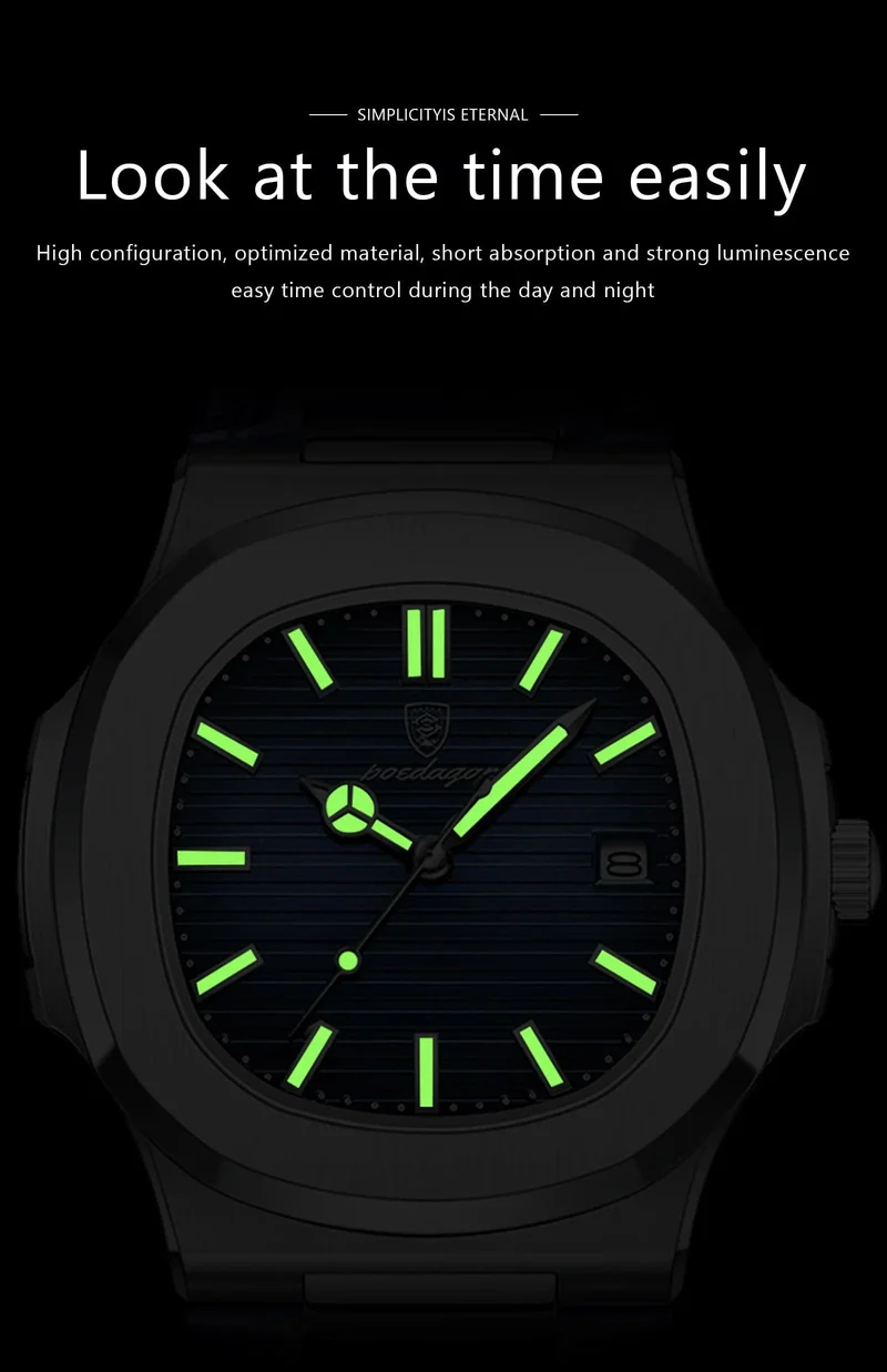 POEDAGAR Luxus-Armbanduhr für Herren, wasserdicht, leuchtend, Datum, Leder, Herrenuhr, Sport, quadratisch, Herrenuhr, lässig, Quarzuhr