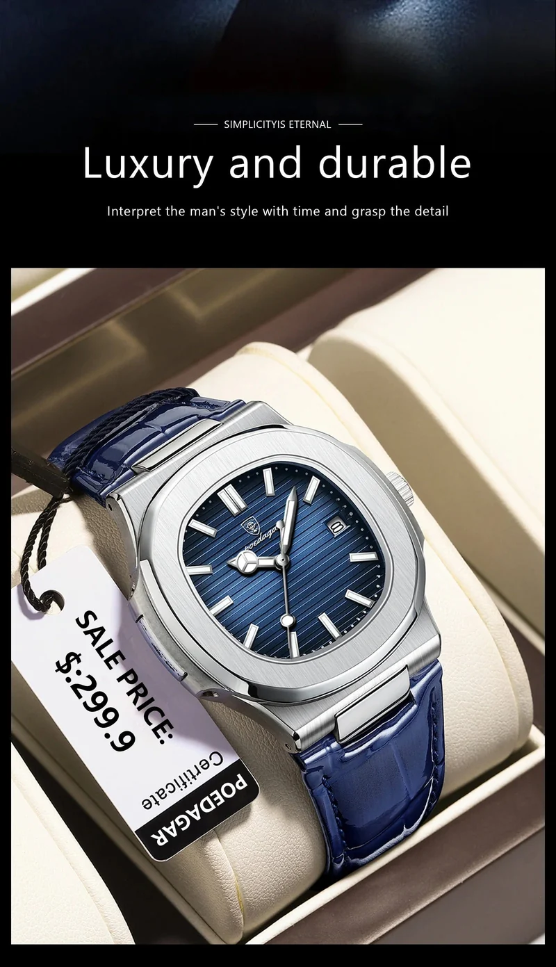 POEDAGAR Luxus-Armbanduhr für Herren, wasserdicht, leuchtend, Datum, Leder, Herrenuhr, Sport, quadratisch, Herrenuhr, lässig, Quarzuhr