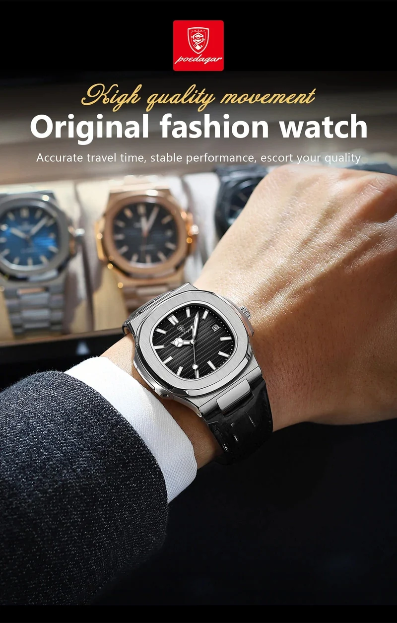 POEDAGAR Luxus-Armbanduhr für Herren, wasserdicht, leuchtend, Datum, Leder, Herrenuhr, Sport, quadratisch, Herrenuhr, lässig, Quarzuhr
