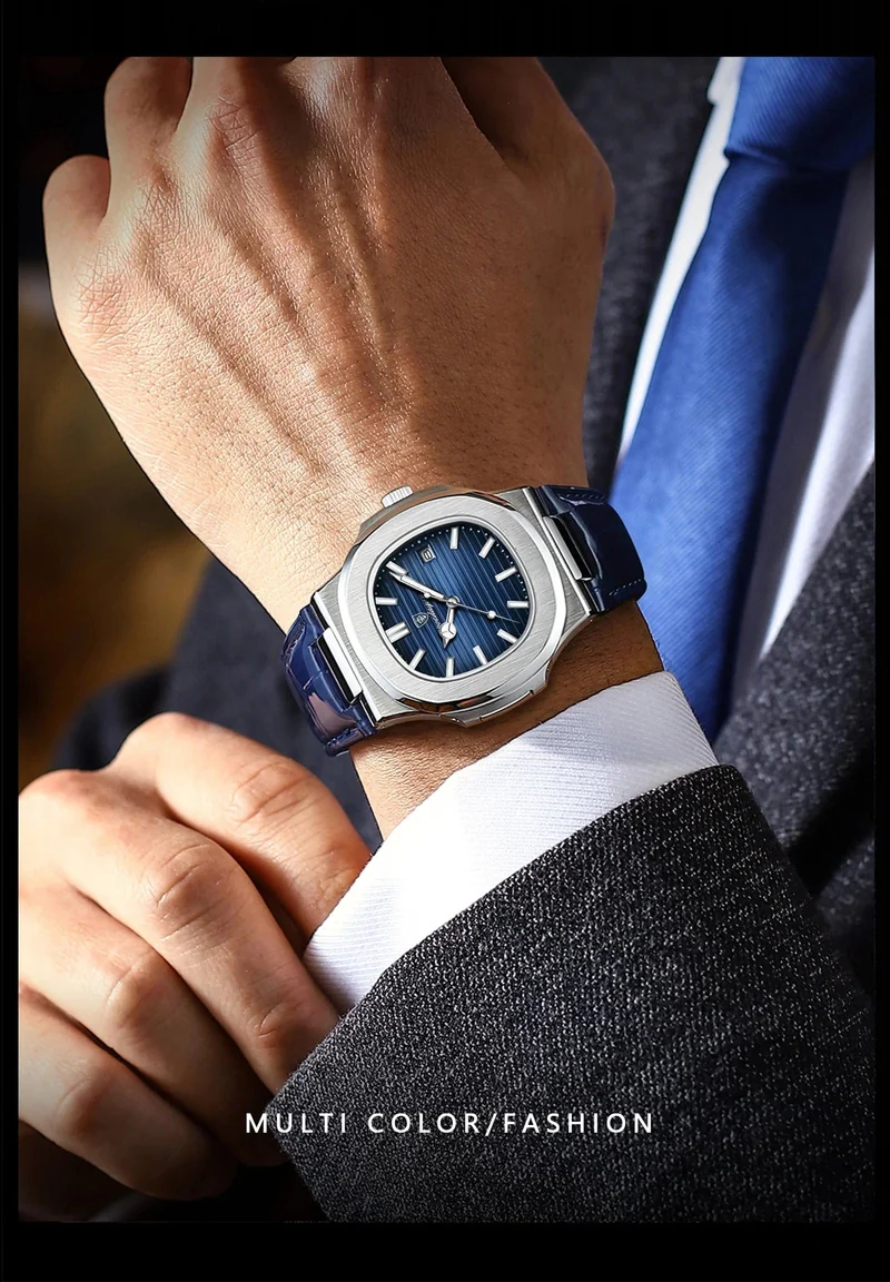 POEDAGAR Luxus-Armbanduhr für Herren, wasserdicht, leuchtend, Datum, Leder, Herrenuhr, Sport, quadratisch, Herrenuhr, lässig, Quarzuhr