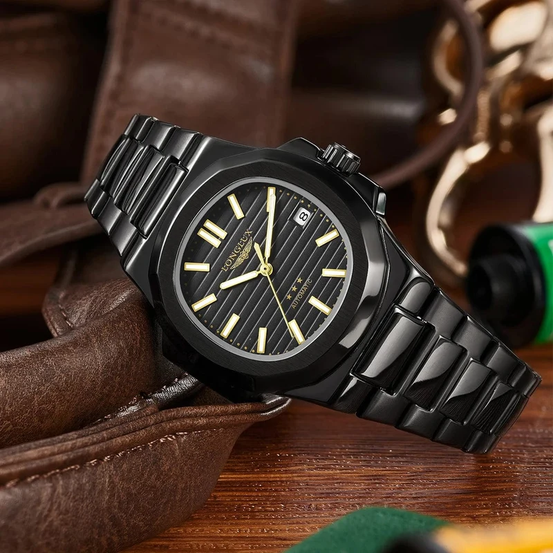 Mann uhr automatische bewegung cool großhandel lestainless stahl datum automatische uhr luxus LONGLUX mechanische armbanduhren