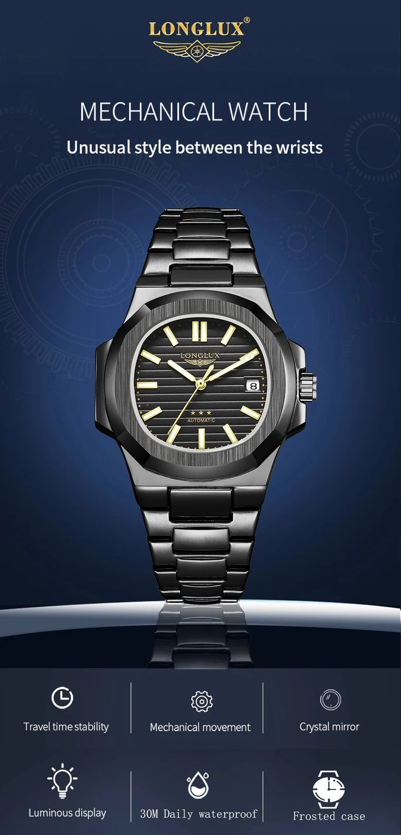 Mann uhr automatische bewegung cool großhandel lestainless stahl datum automatische uhr luxus LONGLUX mechanische armbanduhren