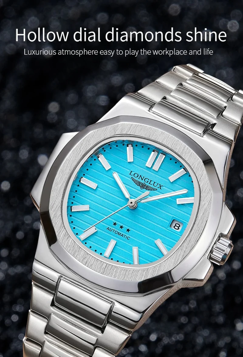 Mann uhr automatische bewegung cool großhandel lestainless stahl datum automatische uhr luxus LONGLUX mechanische armbanduhren