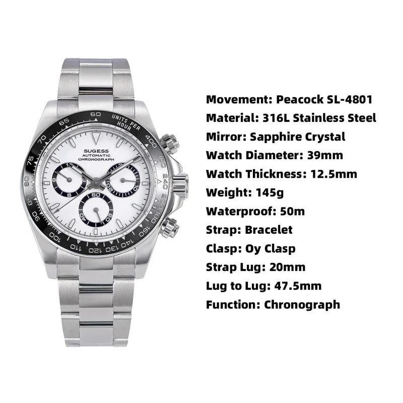 Sugess Panda Chronograph Uhrwerk Automatische Mechanische Chronograph Armbanduhr Wasserdicht Tauchen Männer Uhren Keramik Lünette Tona