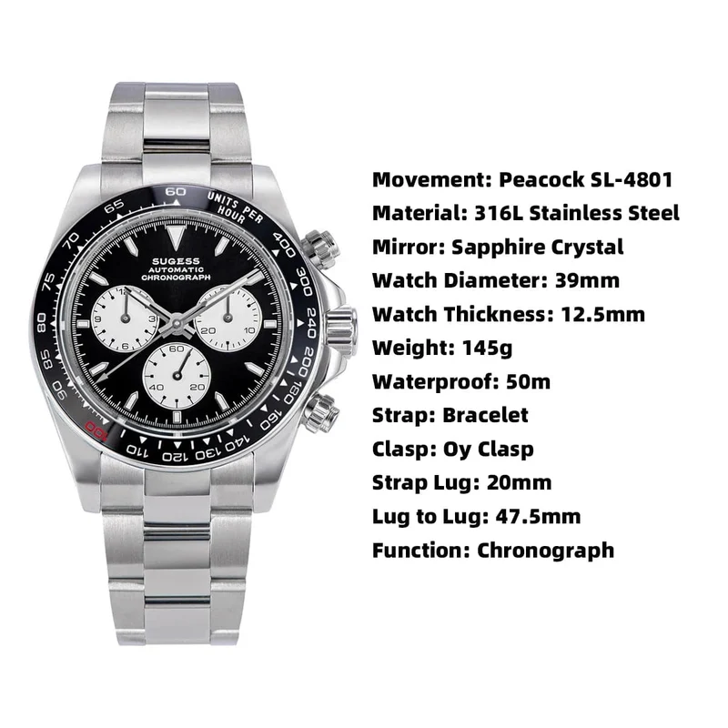 Sugess Panda Chronograph Uhrwerk Automatische Mechanische Chronograph Armbanduhr Wasserdicht Tauchen Männer Uhren Keramik Lünette Tona