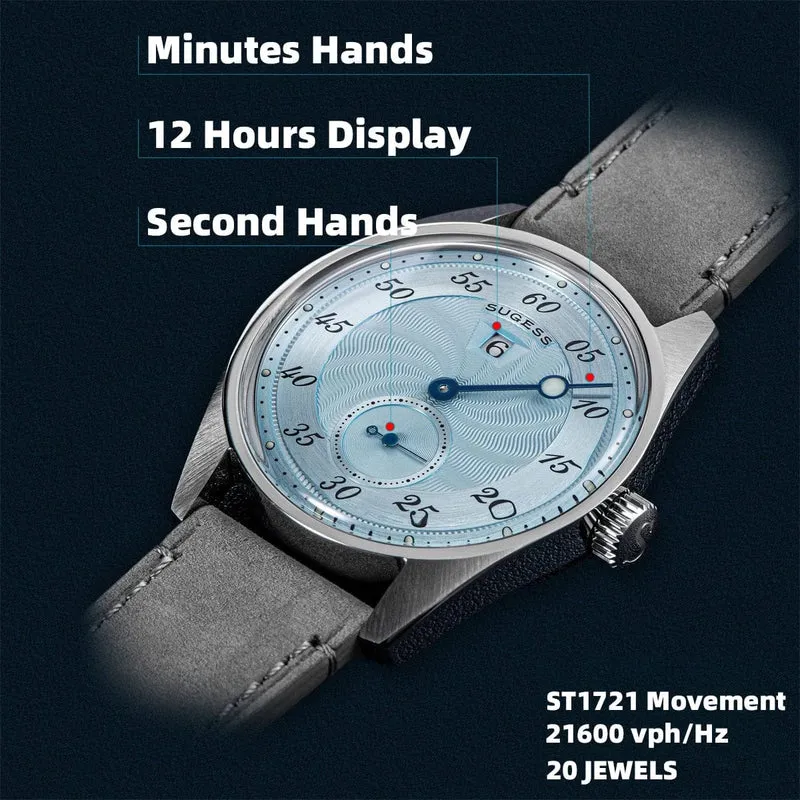 Sugess Herren-Armbanduhr, automatisch, mechanisch, ST1721-Uhrwerk, leuchtend, schlicht, modisch, wasserdicht, Glas, S451, Neu