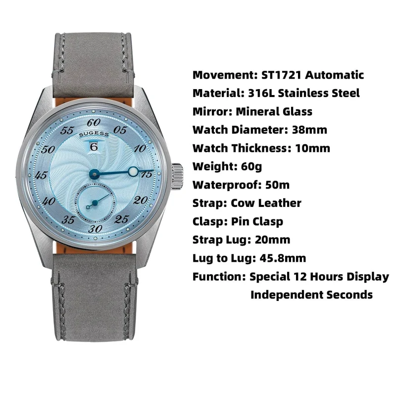 Sugess Herren-Armbanduhr, automatisch, mechanisch, ST1721-Uhrwerk, leuchtend, schlicht, modisch, wasserdicht, Glas, S451, Neu