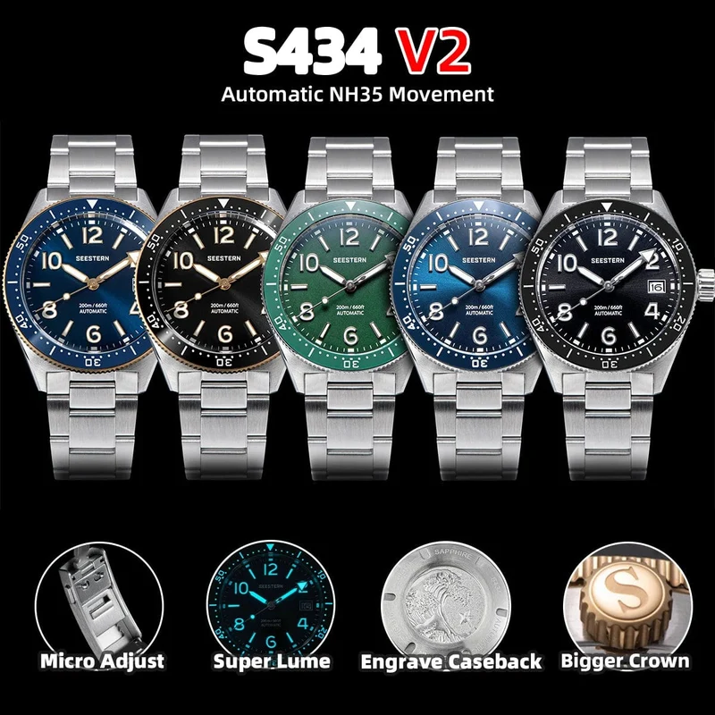 S434 Taucheruhr Herren Automatik NH35A Uhrwerk BGW9 Leuchtende mechanische Armbanduhren 20ATM wasserdicht Saphir Faltschließe