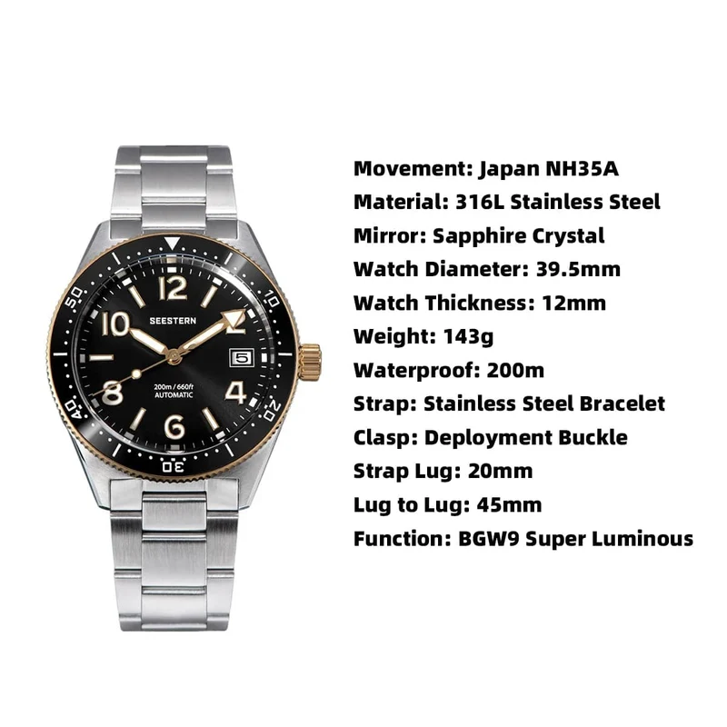 S434 Taucheruhr Herren Automatik NH35A Uhrwerk BGW9 Leuchtende mechanische Armbanduhren 20ATM wasserdicht Saphir Faltschließe