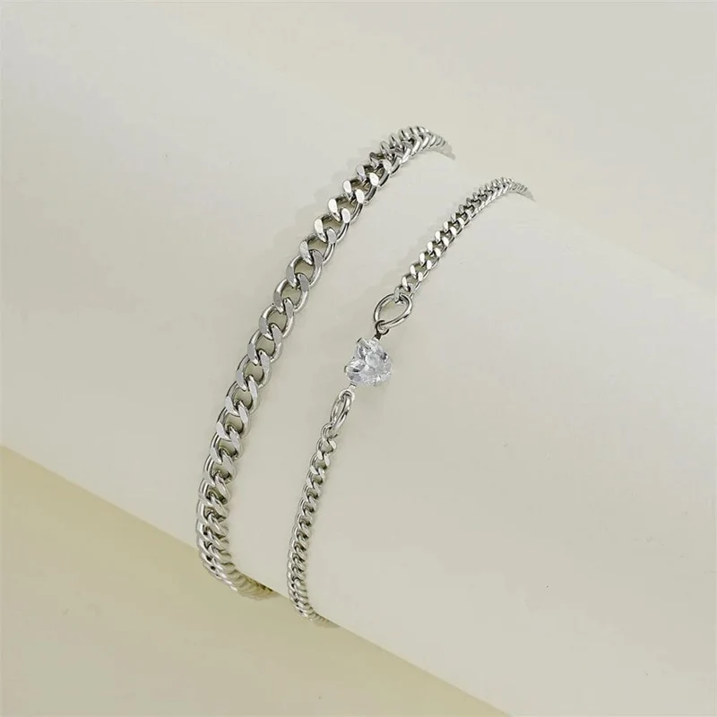 2-teiliges schlichtes, modisches Armband-Set aus Edelstahl für Paare, Unisex, Frauen und Männer, Liebhaber, Kristallherz, silbrige Kette, Armbänder, Schmuck