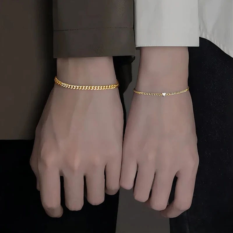 2-teiliges schlichtes, modisches Armband-Set aus Edelstahl für Paare, Unisex, Frauen und Männer, Liebhaber, Kristallherz, silbrige Kette, Armbänder, Schmuck