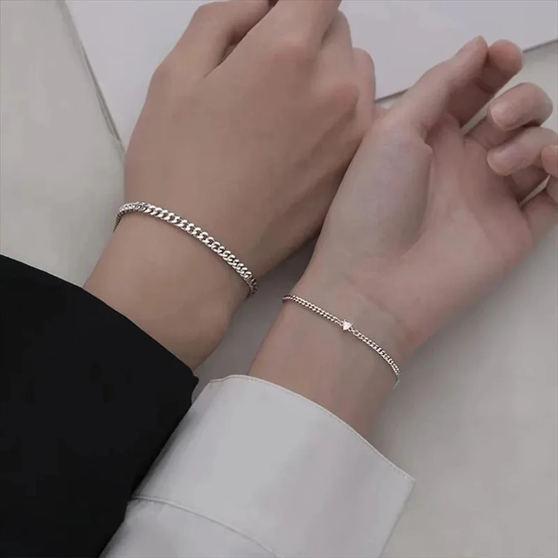 2-teiliges schlichtes, modisches Armband-Set aus Edelstahl für Paare, Unisex, Frauen und Männer, Liebhaber, Kristallherz, silbrige Kette, Armbänder, Schmuck