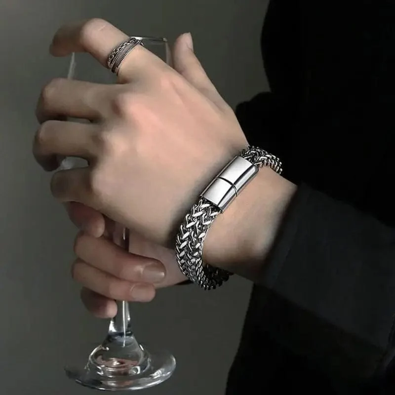 Geflochtenes zweireihiges Metallarmband aus Edelstahl, geeignet für Männer und Mädchen, personalisierter Hip-Hop-Rock-Party-Punk-Schmuck