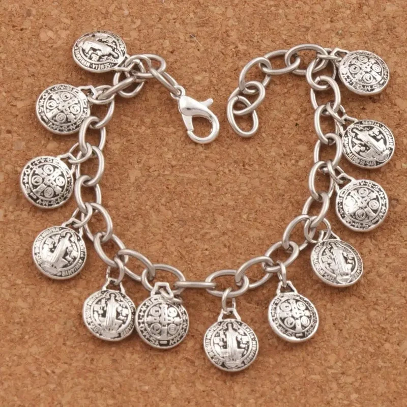Charm-Armbänder mit der Medaille des Heiligen Benedikt, Edelstahlketten, Armband 7 cm, 7.5 cm, 8 cm, 8.5 cm, BC01, tibetisches Silber
