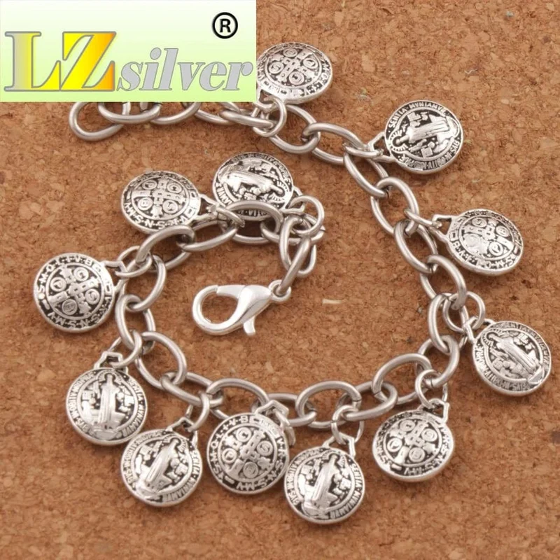 Charm-Armbänder mit der Medaille des Heiligen Benedikt, Edelstahlketten, Armband 7 cm, 7.5 cm, 8 cm, 8.5 cm, BC01, tibetisches Silber