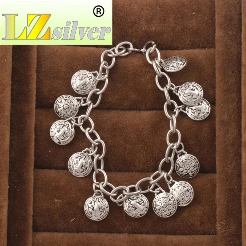 Charm-Armbänder mit der Medaille des Heiligen Benedikt, Edelstahlketten, Armband 7 cm, 7.5 cm, 8 cm, 8.5 cm, BC01, tibetisches Silber