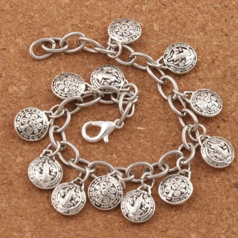 Charm-Armbänder mit der Medaille des Heiligen Benedikt, Edelstahlketten, Armband 7 cm, 7.5 cm, 8 cm, 8.5 cm, BC01, tibetisches Silber