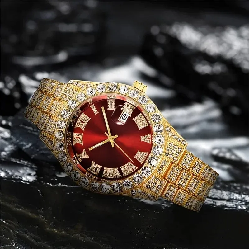 2 teile/satz Iced Out Uhr Männer Luxus Marke Voll Künstliche Diamant Herren Uhren Quarz Herren Uhr Hip Hop Männliche Uhr Geschenk Für