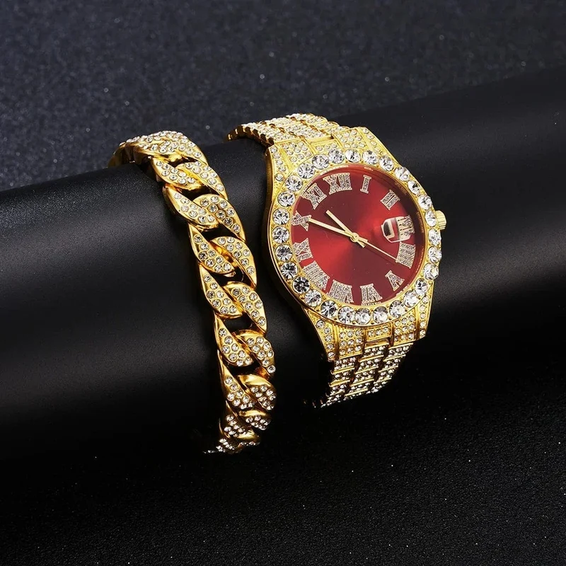 2 teile/satz Iced Out Uhr Männer Luxus Marke Voll Künstliche Diamant Herren Uhren Quarz Herren Uhr Hip Hop Männliche Uhr Geschenk Für