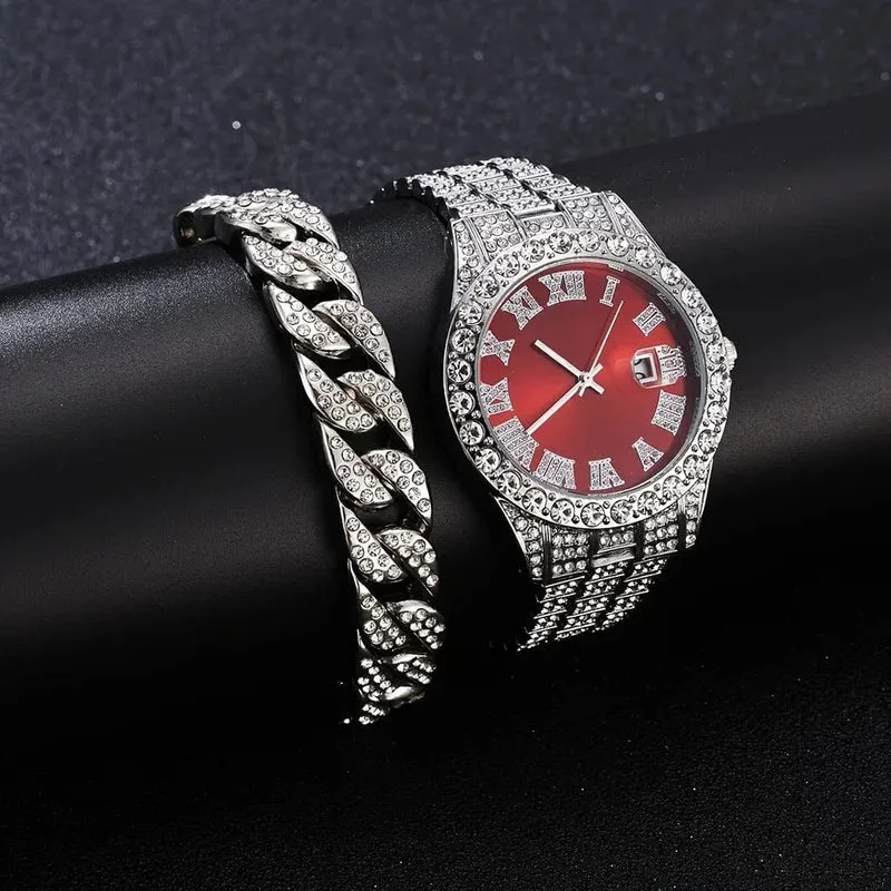 2 teile/satz Iced Out Uhr Männer Luxus Marke Voll Künstliche Diamant Herren Uhren Quarz Herren Uhr Hip Hop Männliche Uhr Geschenk Für