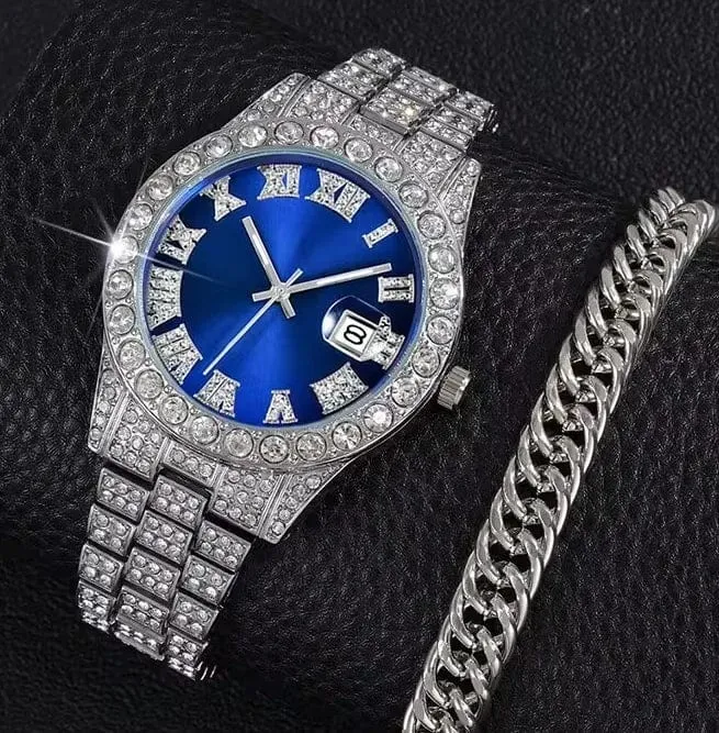 2 teile/satz Iced Out Uhr Männer Luxus Marke Voll Künstliche Diamant Herren Uhren Quarz Herren Uhr Hip Hop Männliche Uhr Geschenk Für