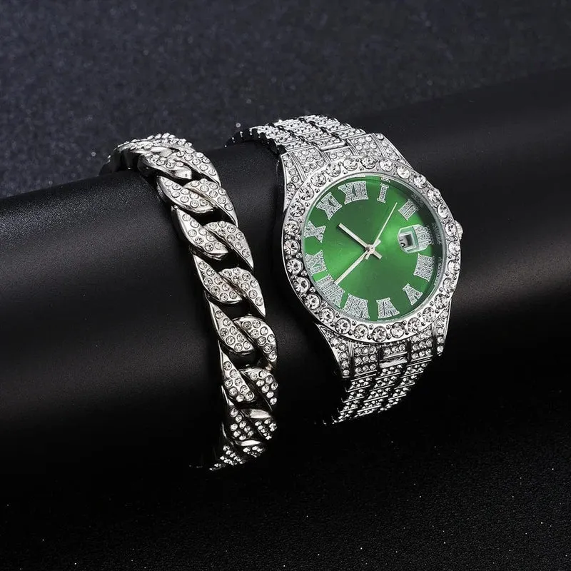 2 teile/satz Iced Out Uhr Männer Luxus Marke Voll Künstliche Diamant Herren Uhren Quarz Herren Uhr Hip Hop Männliche Uhr Geschenk Für
