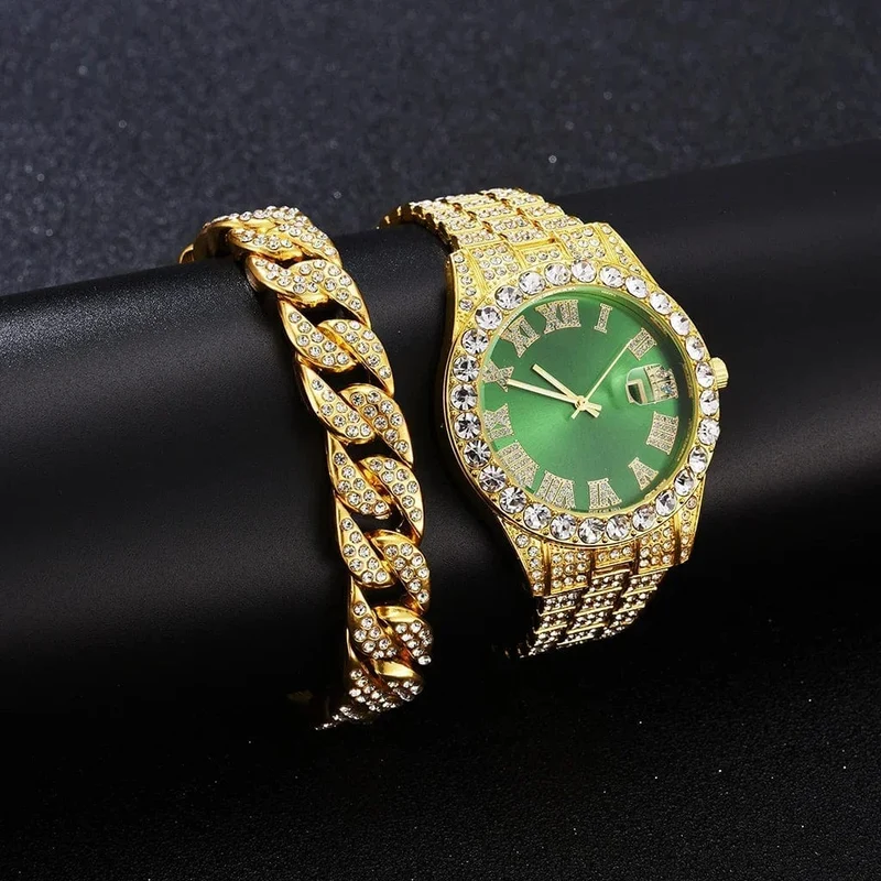 2 teile/satz Iced Out Uhr Männer Luxus Marke Voll Künstliche Diamant Herren Uhren Quarz Herren Uhr Hip Hop Männliche Uhr Geschenk Für