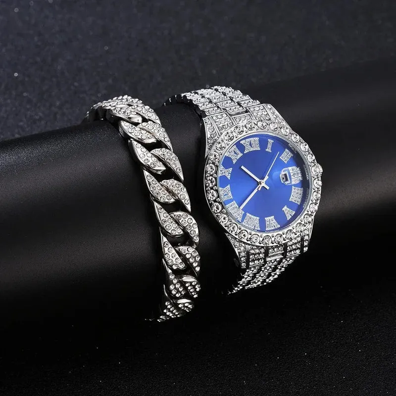 2 teile/satz Iced Out Uhr Männer Luxus Marke Voll Künstliche Diamant Herren Uhren Quarz Herren Uhr Hip Hop Männliche Uhr Geschenk Für