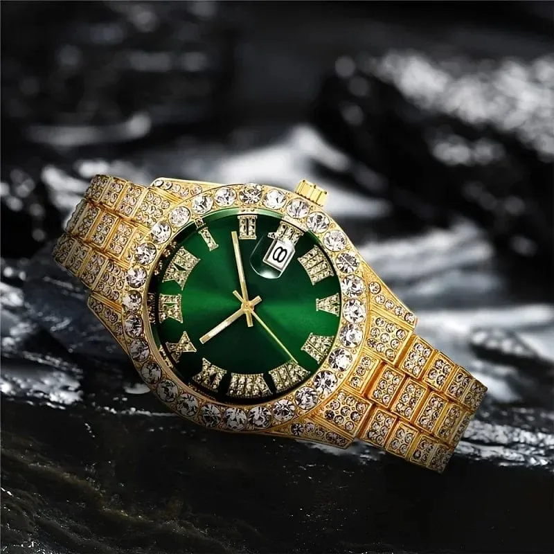 2 teile/satz Iced Out Uhr Männer Luxus Marke Voll Künstliche Diamant Herren Uhren Quarz Herren Uhr Hip Hop Männliche Uhr Geschenk Für