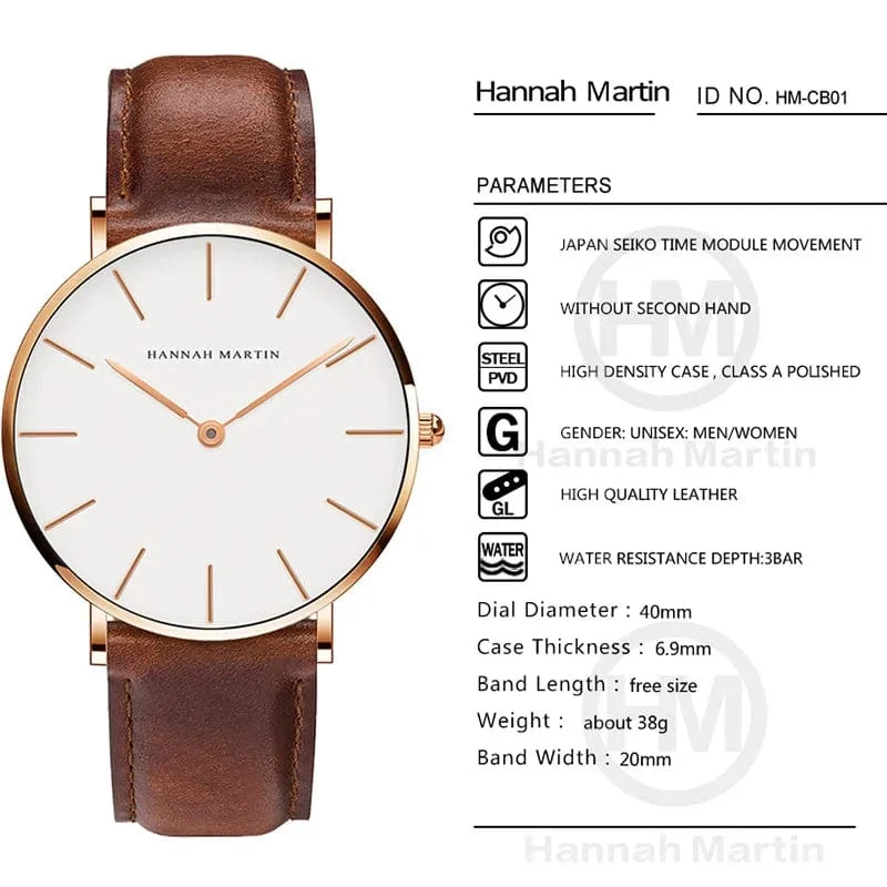 Hannah Martin Marke Mode Japan Quarz Armbanduhren Silber Braun Leder Herrenuhr Wasserdicht Kleid Uhr Männer Casual