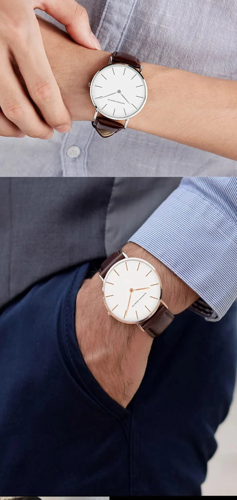 Hannah Martin Marke Mode Japan Quarz Armbanduhren Silber Braun Leder Herrenuhr Wasserdicht Kleid Uhr Männer Casual